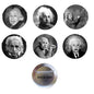 Albert Einstein BW pinback button set with six circular portrait designs and one back-side view