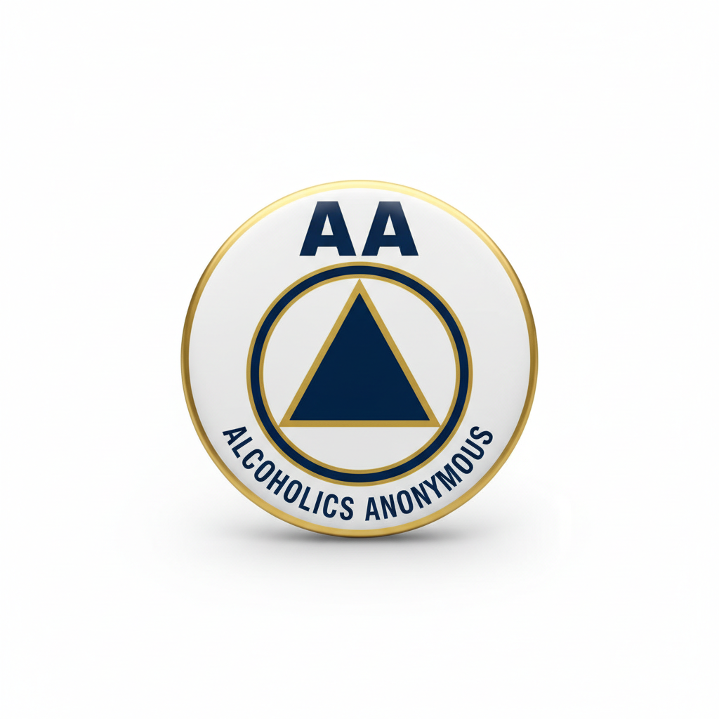 Circular AA Alcoholics Anonymous pinback with gold rim and blue AA triangle logo