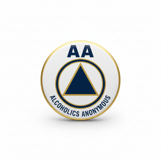 Circular AA Alcoholics Anonymous pinback with gold rim and blue AA triangle logo