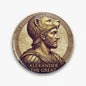 Circular pinback button with Alexander the Great profile portrait in purple and gold