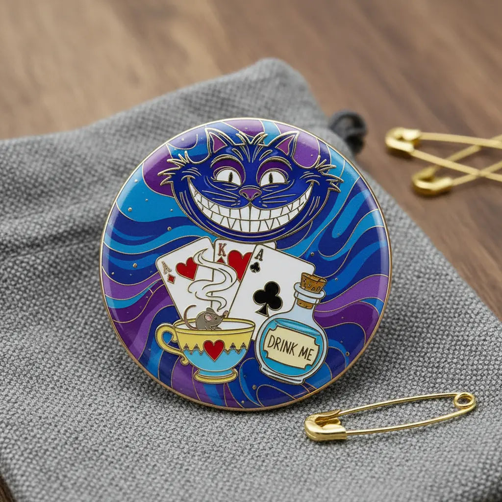 Round enamel pinback button with Cheshire Cat artwork, gold rim, 2.25-inch