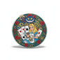 Round Alice in Wonderland pinback button, blonde girl in blue holding cards and teacup