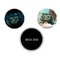 Round cat pinback set: teal smiling cat front and plain black back, 2.25-inch