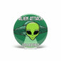 Alien Attack collectible orange pinback button with green alien face, 2.25-inch