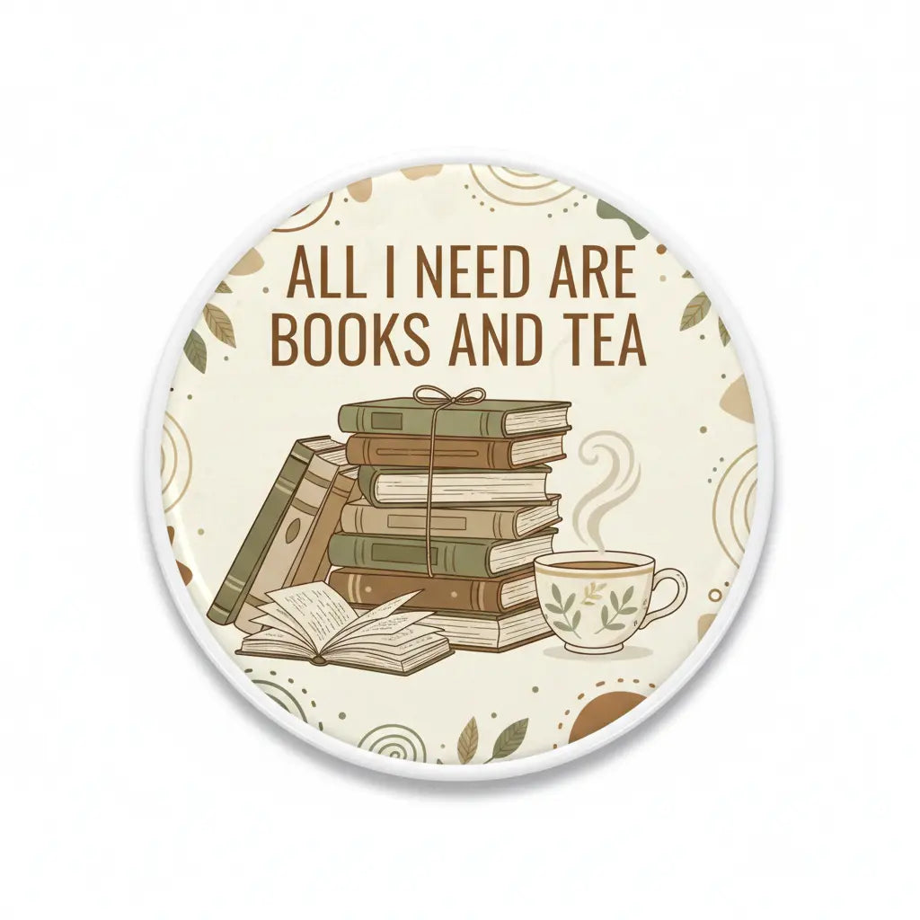 2.25-inch round pinback button: books and tea graphic, cream with 'All I Need Are'.
