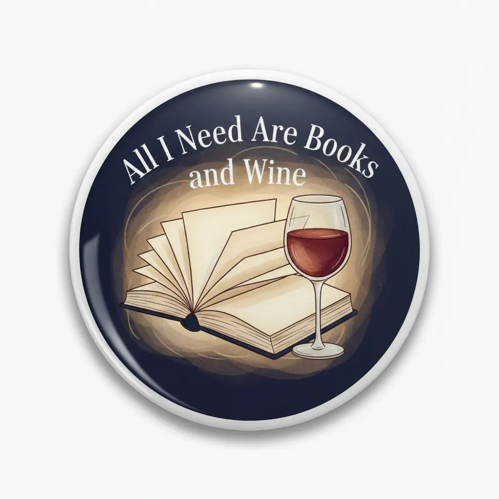 Books and wine pinback button with open book and red wine glass illustration