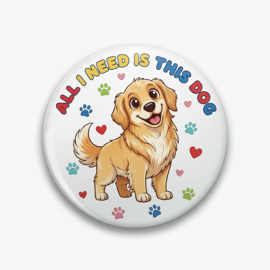 Dog lover pinback button with smiling golden dog and colorful paw hearts text