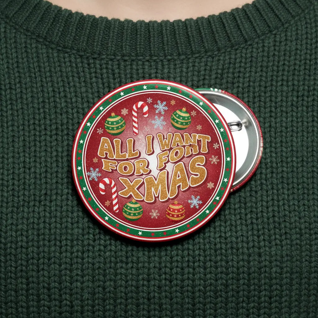 Christmas pinback button with “All I Want for Xmas” text and festive icons