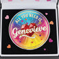 Round 2.25-inch pinback button with pink, purple, and yellow hearts and name text