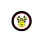 Round black pinback button with red border family crest and 'ALLEN' text