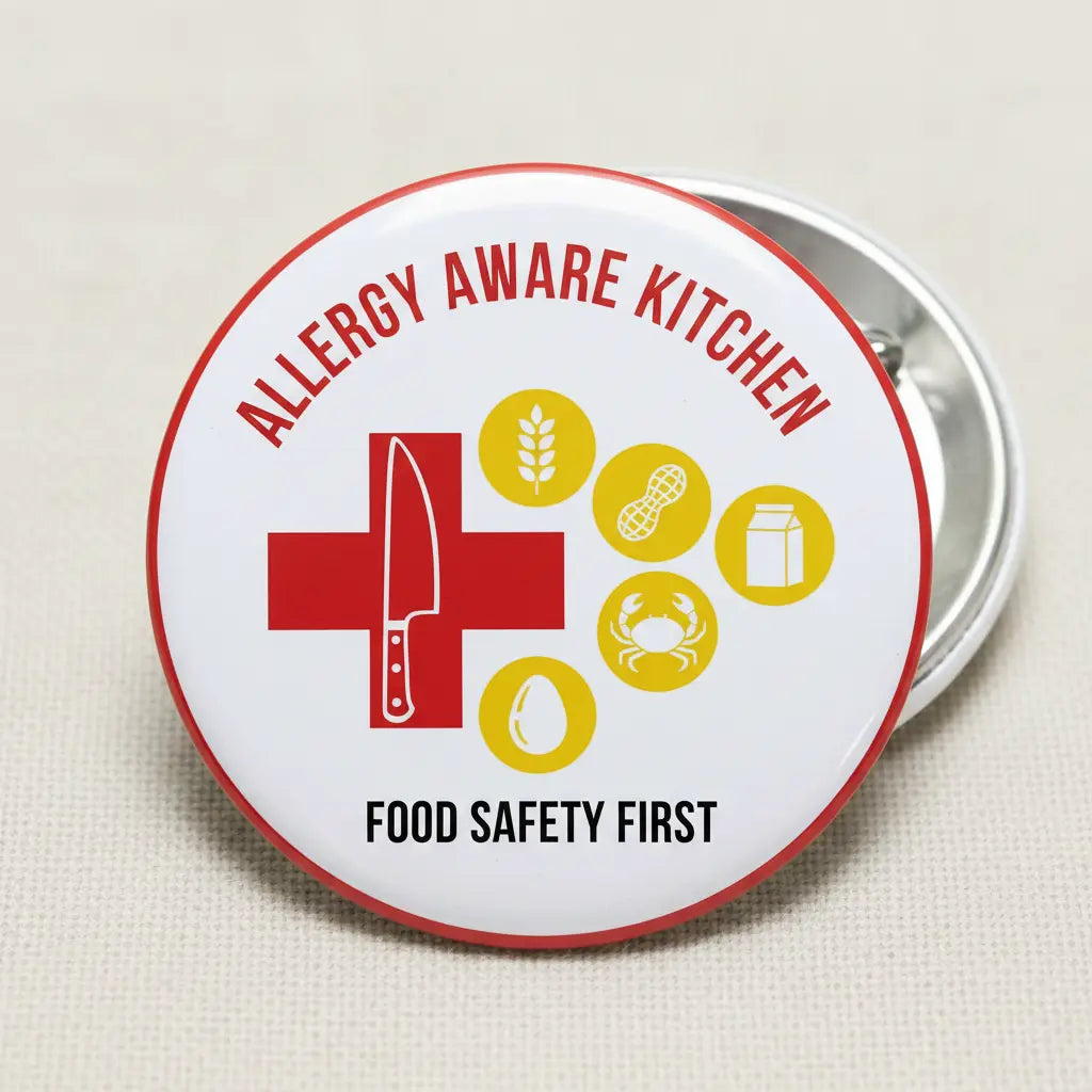 Round red-and-white kitchen allergy safety pinback badge with utensil and icons