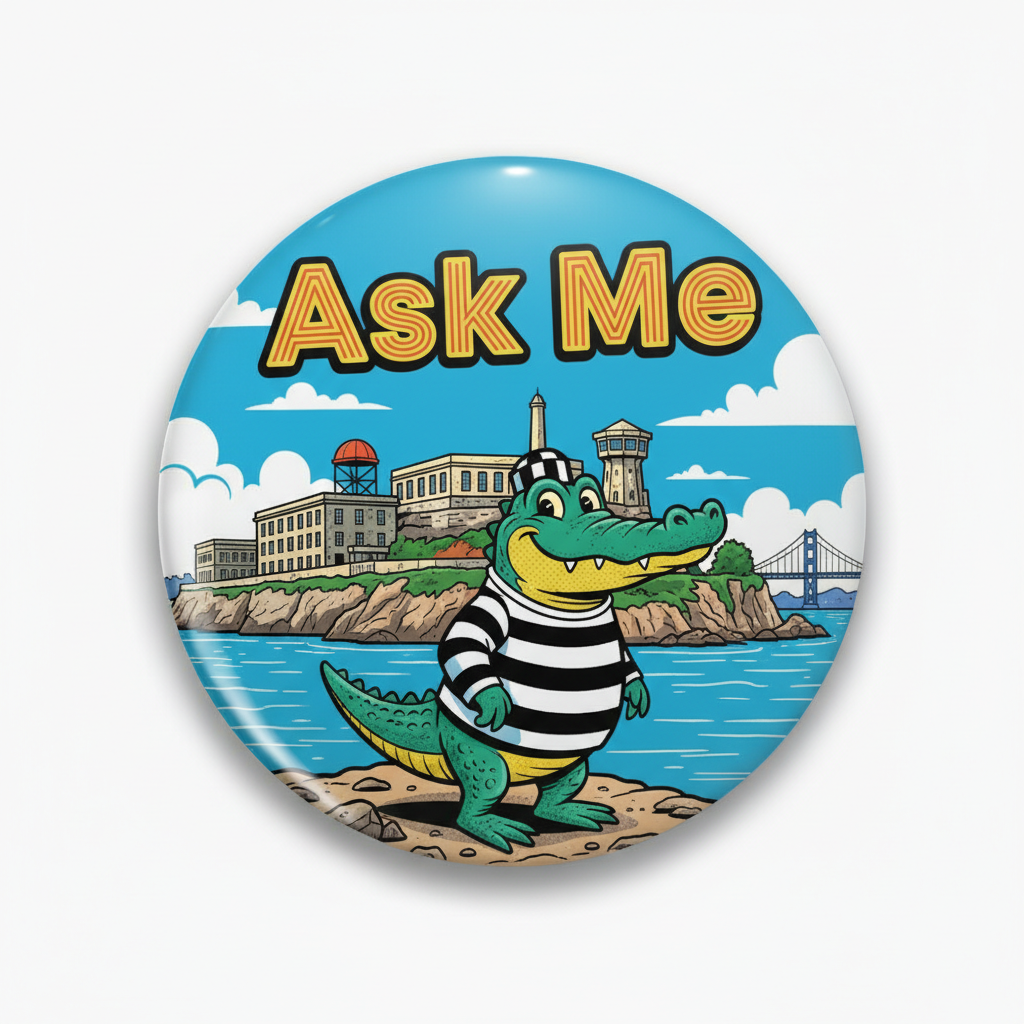 2.25-inch circular pinback button with teal cartoon alligator and "Ask Me" text