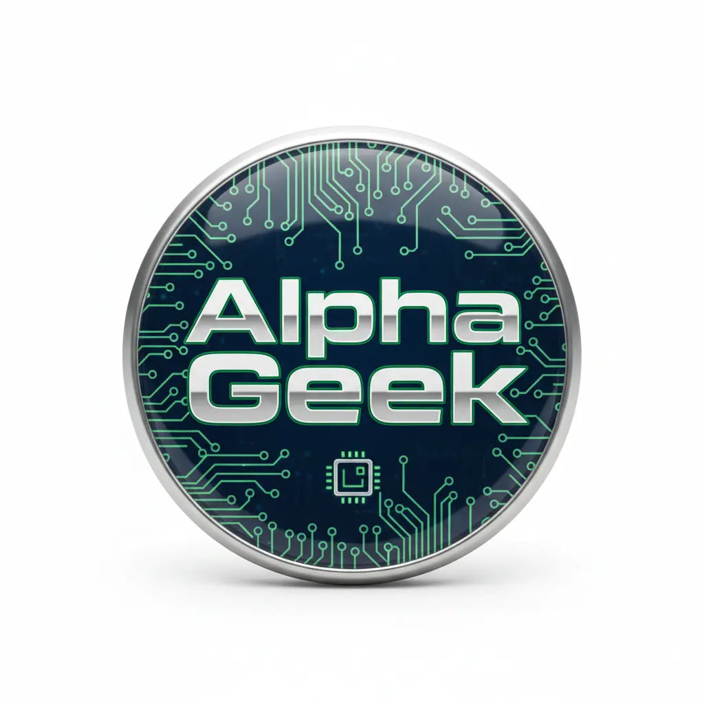 2.25-inch Alpha Geek pinback button with green circuit board design