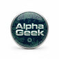 2.25-inch Alpha Geek pinback button with green circuit board design
