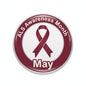 Circular maroon ALS awareness month pin with May text and ribbon graphic