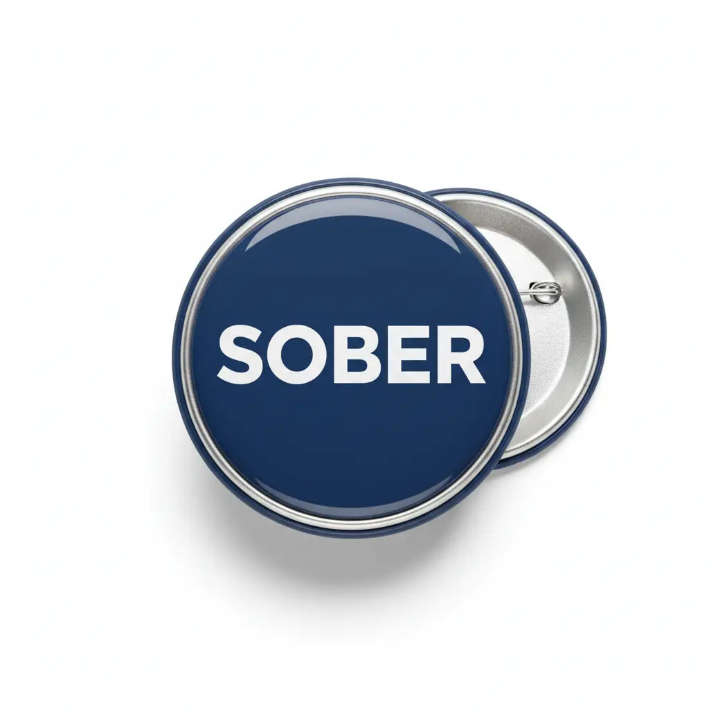 2.25-inch SOBER pinback badge, round blue face with white text