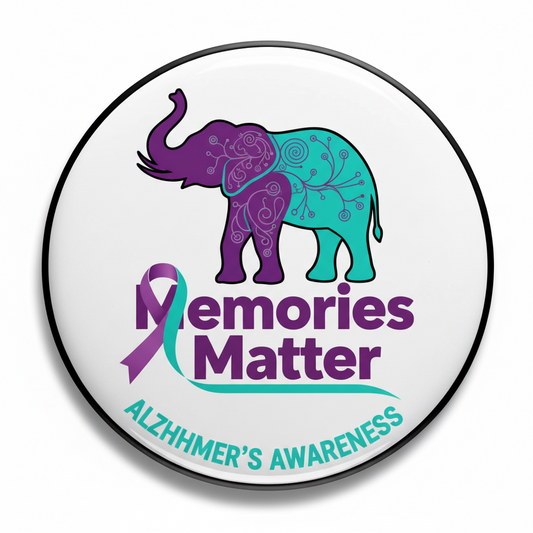 2.25-inch round pinback: purple/teal elephant, 'Memories Matter' and Alzheimer's awareness