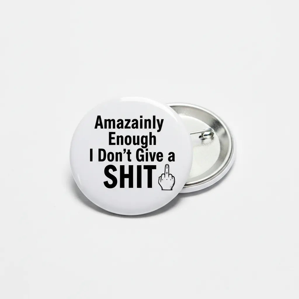 2.25-inch pinback button with white face, black text, and pointing hand icon