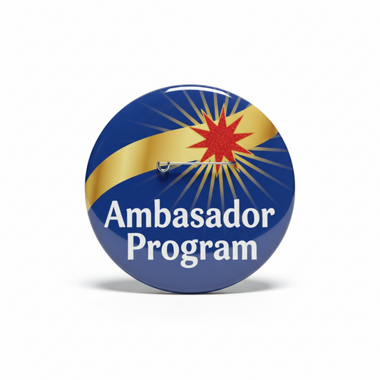 2.25-inch ambassador program pinback button with blue, gold, and red starburst design