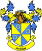 Amblett family crest coat of arms enamel pin with shield, floral leaves, and 'Amblett' text