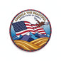 Round America the Beautiful pinback button with US flag, eagle, and mountain landscape