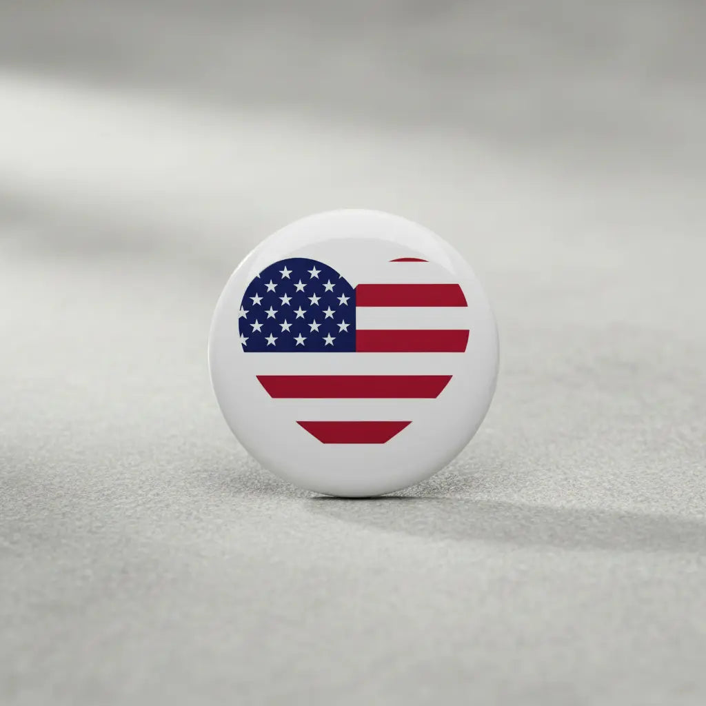 2.25-inch American flag heart pinback button, white circle with blue stars