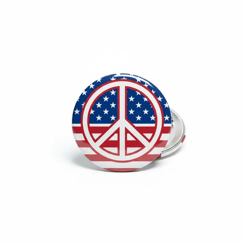 Peace sign pinback button, 2.25-inch, round stars-and-stripes design with silver back