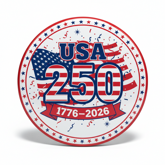 Round USA 250 pinback button with red border, stars, stripes, text 1776–2026