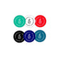 Set of 5 round Amnesty International pinback buttons in teal, white, red, black, and navy
