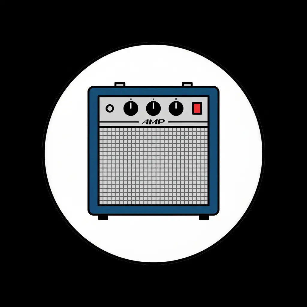 2.25-inch amplifier pinback badge with blue amp panel and red power button