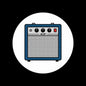 2.25-inch amplifier pinback badge with blue amp panel and red power button