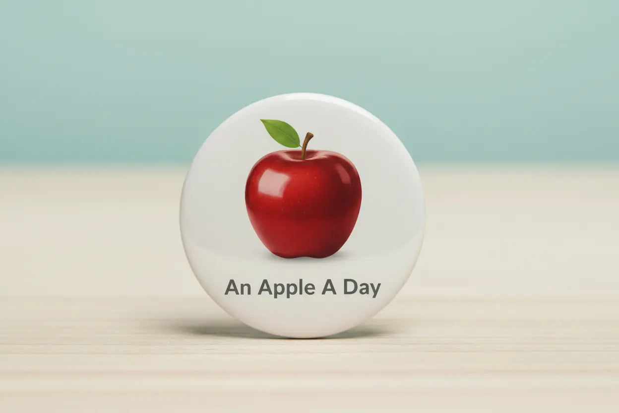 Round white enamel pinback button with red apple and 'An Apple A Day' text