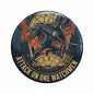 Round enamel pinback button featuring a skull warrior with sword and clocks graphic