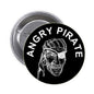 Round 1.25-inch pirate pinback button, black with angry skull face and white lettering