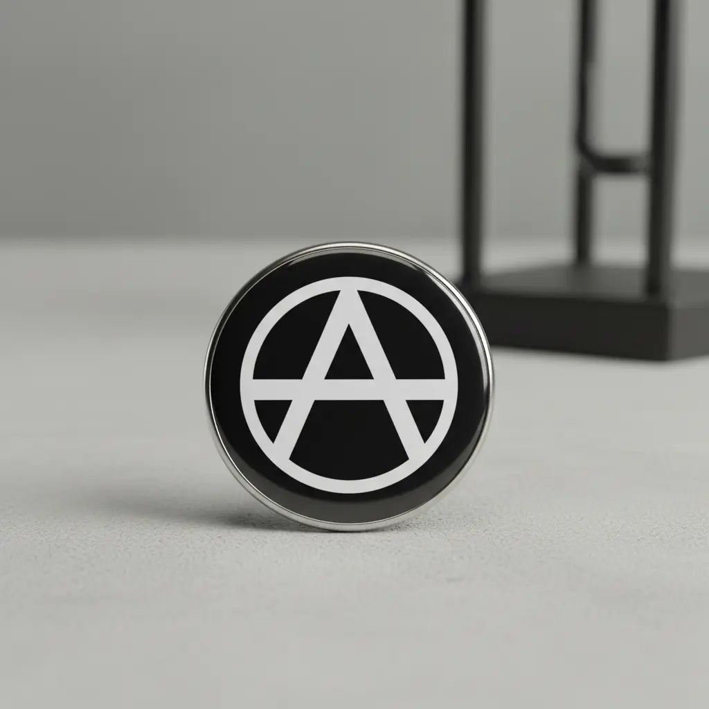 2.25-inch round pinback button with black background and white anarch symbol