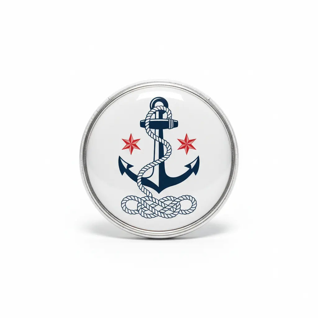 2.25-inch round anchor sailor pinback button, blue anchor with red stars