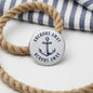 Anchors Away pinback button, circular white with blue anchor and text ring