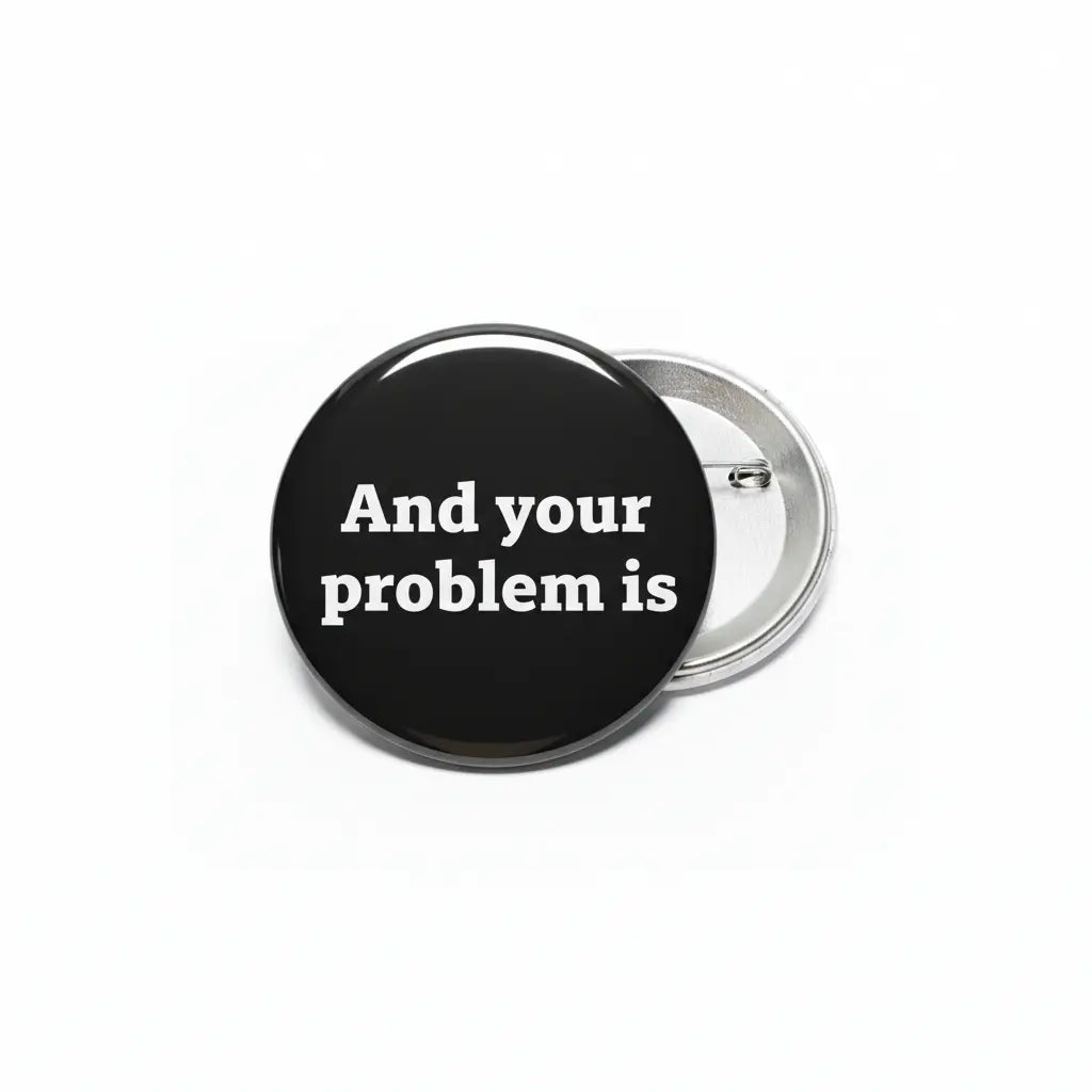2.25-inch pinback button, black face with 'And your problem is' and silver back