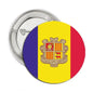 Round Andorra flag pinback button with coat of arms, blue-yellow-red stripes