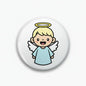 2.25-inch round angel pinback with a smiling cartoon cherub and wings on white