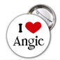 Angie pinback button with red heart and 'I ♥ Angie' text