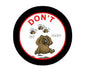 1.25-inch pinback button with black rim, red text 'DON'T', cartoon bee and angry animal