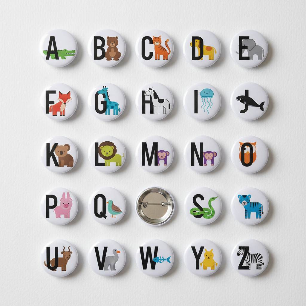 Alphabet animal pinback buttons set, round 2.25-inch badges with letters A–Y