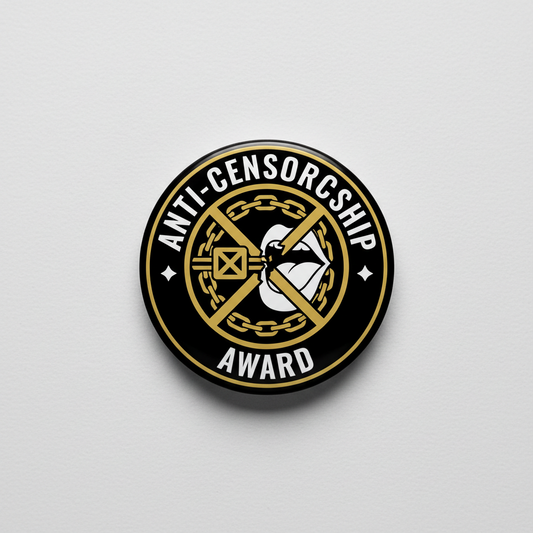 Round anti-censorship award pin, black and gold with chain and white book icons