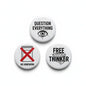 Set of three round pinback buttons: NO HOMEWORK, QUESTION EVERYTHING, FREE THINKER