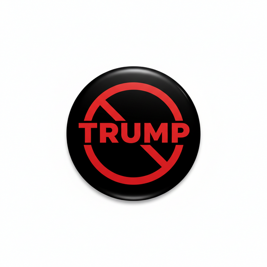 Pinback button with black face, red TRUMP logo and slash, glossy round front