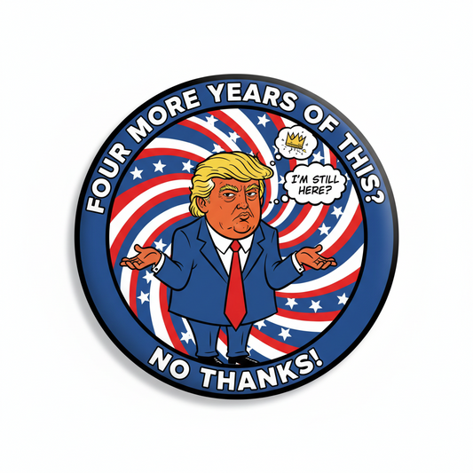 Round political cartoon lapel pin with blonde figure and text "No Thanks!"