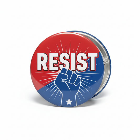 2.25-inch pinback button with red and blue RESIST text and raised-fist design