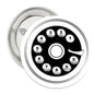 Round antique phone pinback button with black face, numbered dials, silver rim.