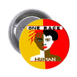 Round pinback button with illustrated face and 'ONE RACE HUMAN' text, red yellow black
